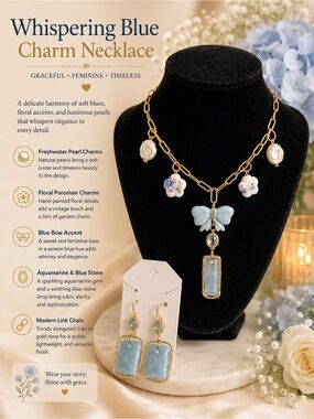 Whispering Blue Charm Necklace - Blue Pearl & Porcelain Floral Accents